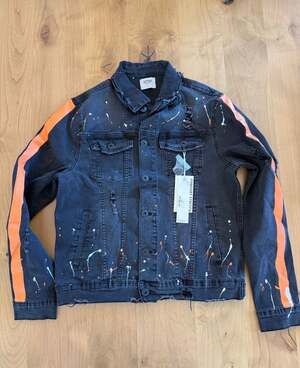 KDNK Black Distressed Denim Jacket with Orange Stripe and Paint Splatter